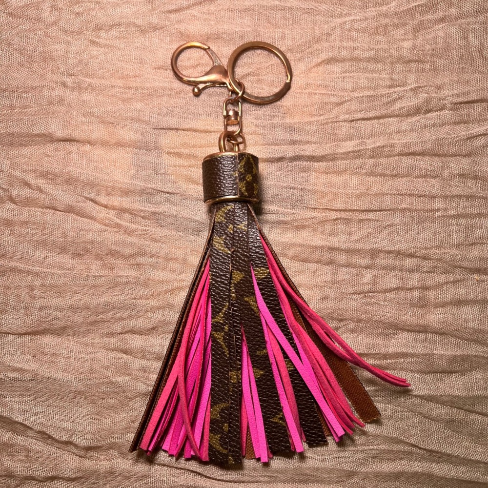 Upcycled Brown Pink Tassel Keychain Bag Charm - Picture 2 of 5